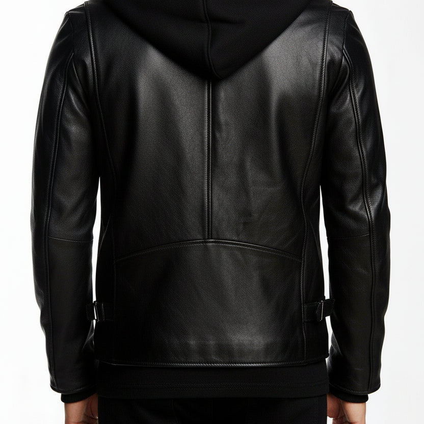 model-back-details - Men's Black Hooded Biker Leather Jacket with Detachable Hood
