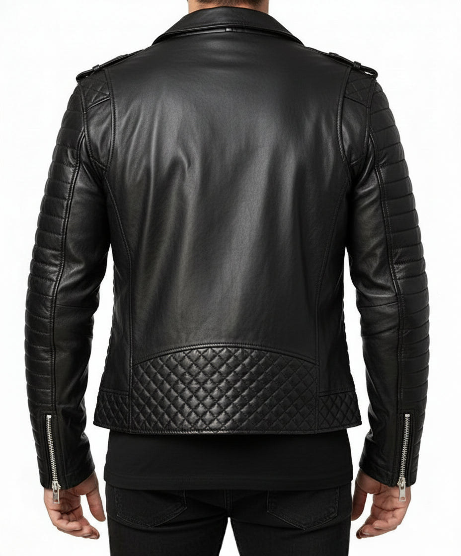 model-back-details - Men's Black Leather Biker Jacket for Motorcycle Riders