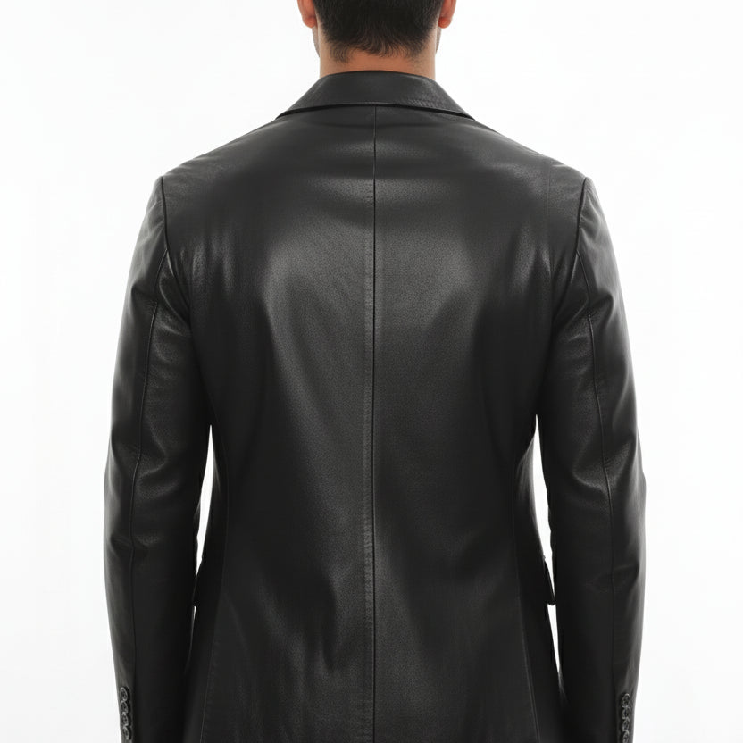 model-back-details - Men's Blazer Leather Jacket, Leather Sport Coat, Tailored Leather Blazer, Men's Leather Jacket