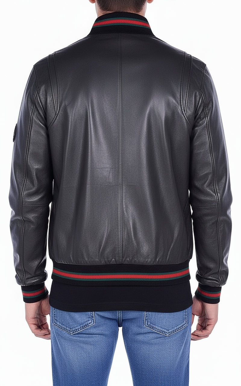 model-back-details - Men's Bomber Leather Jacket, Leather Bomber Jacket, Men's Leather Jacket, Stylish Bomber Jacket