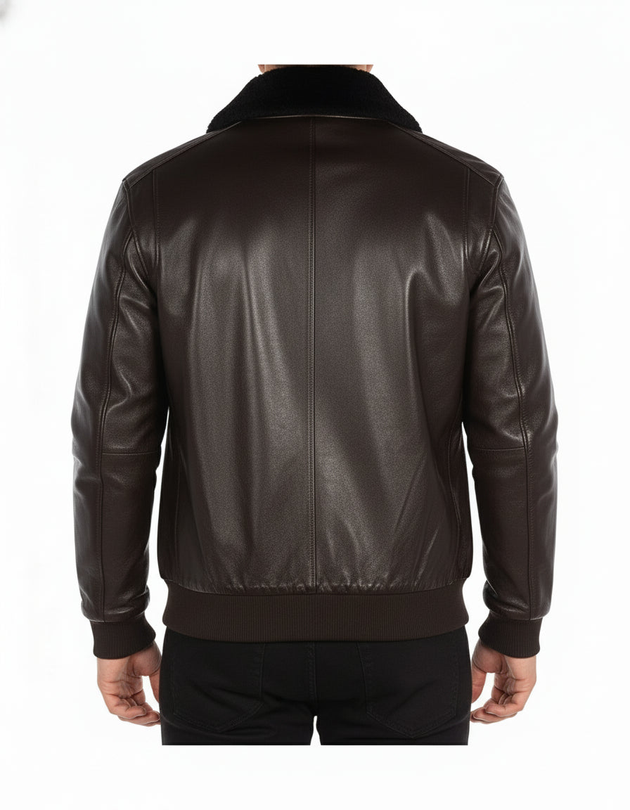 model-back-details - Men's Bomber Leather Jacket, Leather Bomber Jacket, Men's Leather Flight Jacket, Smooth Leather Bomber Jacket