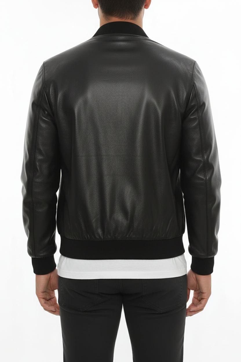 model-back-details - Men's Bomber Leather Jacket, Smooth Leather Bomber, Classic Bomber Jacket, Leather Flight Jacket