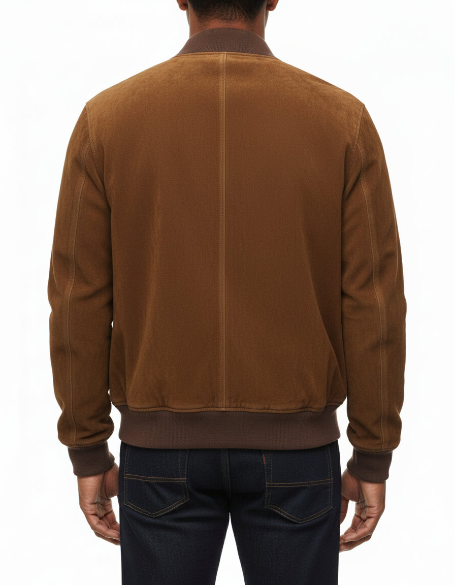 model-back-details - Men's Bomber Suede Jacket, Suede Bomber Jacket, Men's Suede Jacket, Classic Bomber Jacket