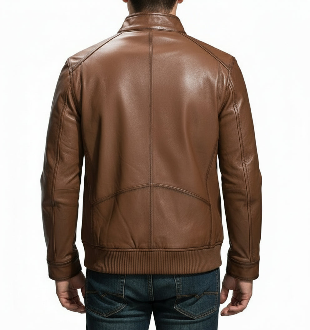 model-back-details - Mens brown genuine sheep leather jacket Men motocycle jacket, biker jacket