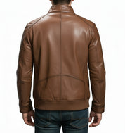 model-back-details - Mens brown genuine sheep leather jacket Men motocycle jacket, biker jacket