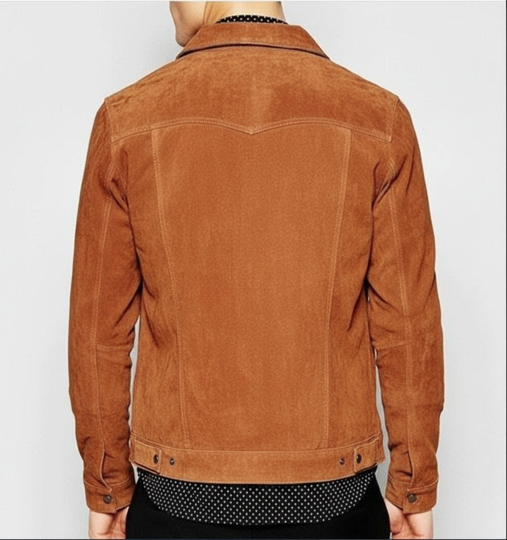 model-back-details - Men's Brown Suede Leather Trucker Jacket