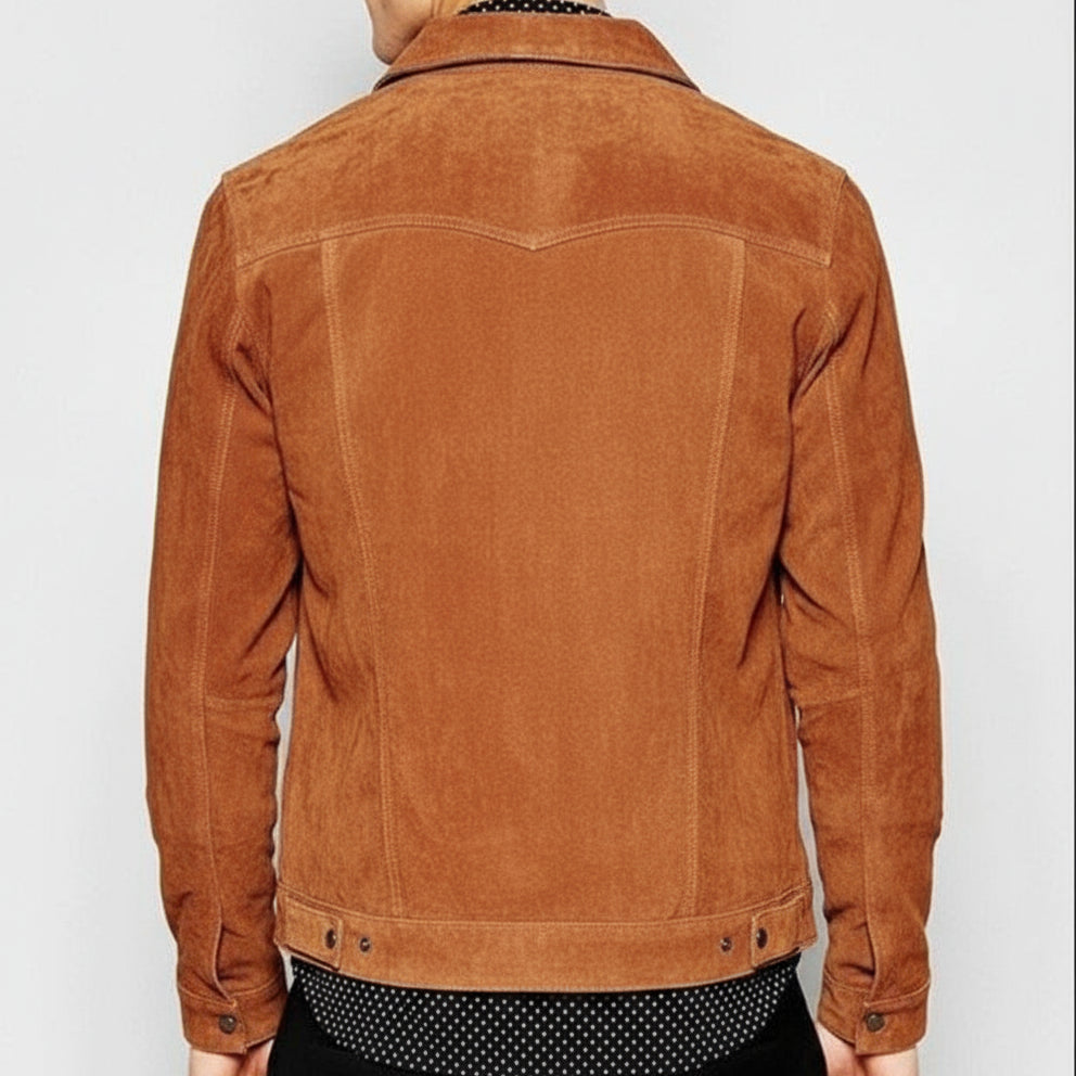 model-back-details - Men's Brown Suede Leather Trucker Jacket