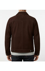 model-back-details - Men's Brown Suede Trucker Jacket with Classic Shirt Collar