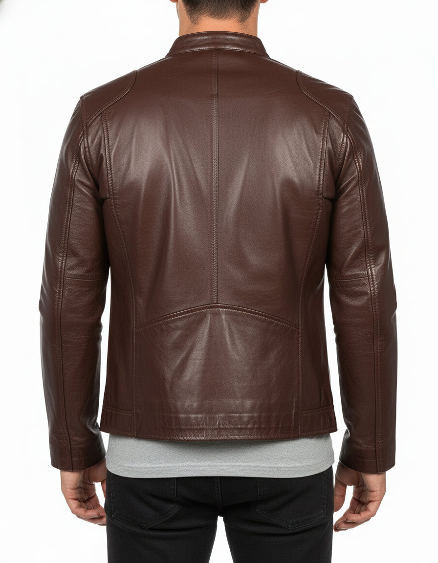 model-back-details - Men's Cafe Racer Leather Jacket, Biker Leather Jacket, Motorcycle Leather Jacket, Leather Moto Jacket