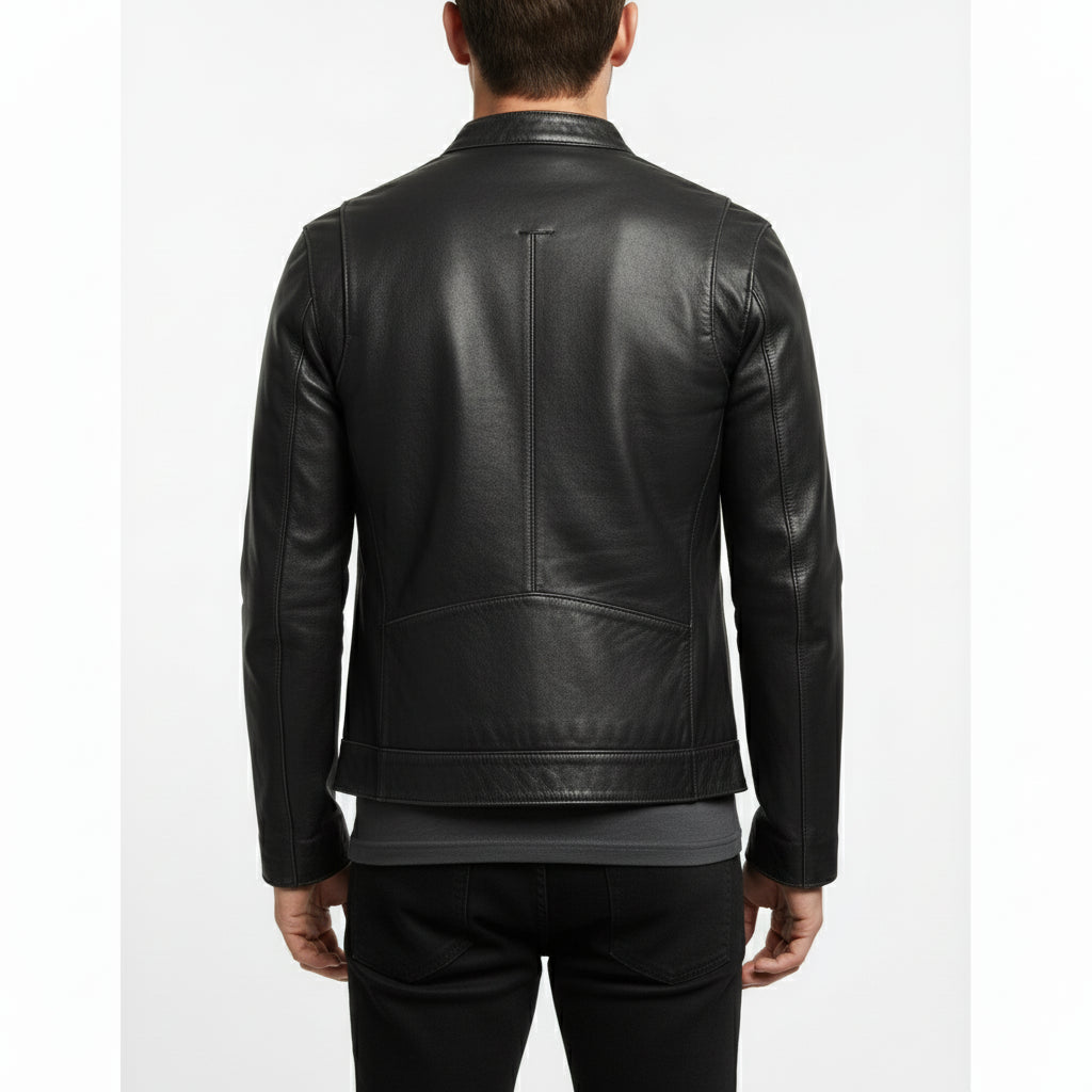 model-back-details - Men's Cafe Racer Leather Jacket, Black Leather Jacket, Distressed Leather Jacket, Slim Fit Leather Jacket
