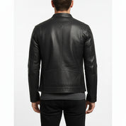 model-back-details - Men's Cafe Racer Leather Jacket, Black Leather Jacket, Distressed Leather Jacket, Slim Fit Leather Jacket