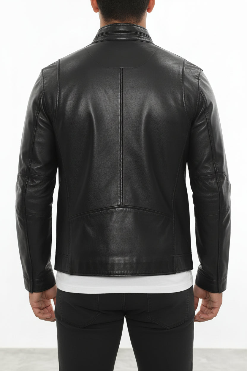 model-back-details - Men's Cafe Racer Leather Jacket, Smooth Leather Biker Jacket, Men's Motorcycle Jacket, Leather Moto Jacket