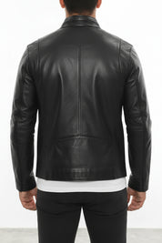 model-back-details - Men's Cafe Racer Leather Jacket, Smooth Leather Biker Jacket, Men's Motorcycle Jacket, Leather Moto Jacket