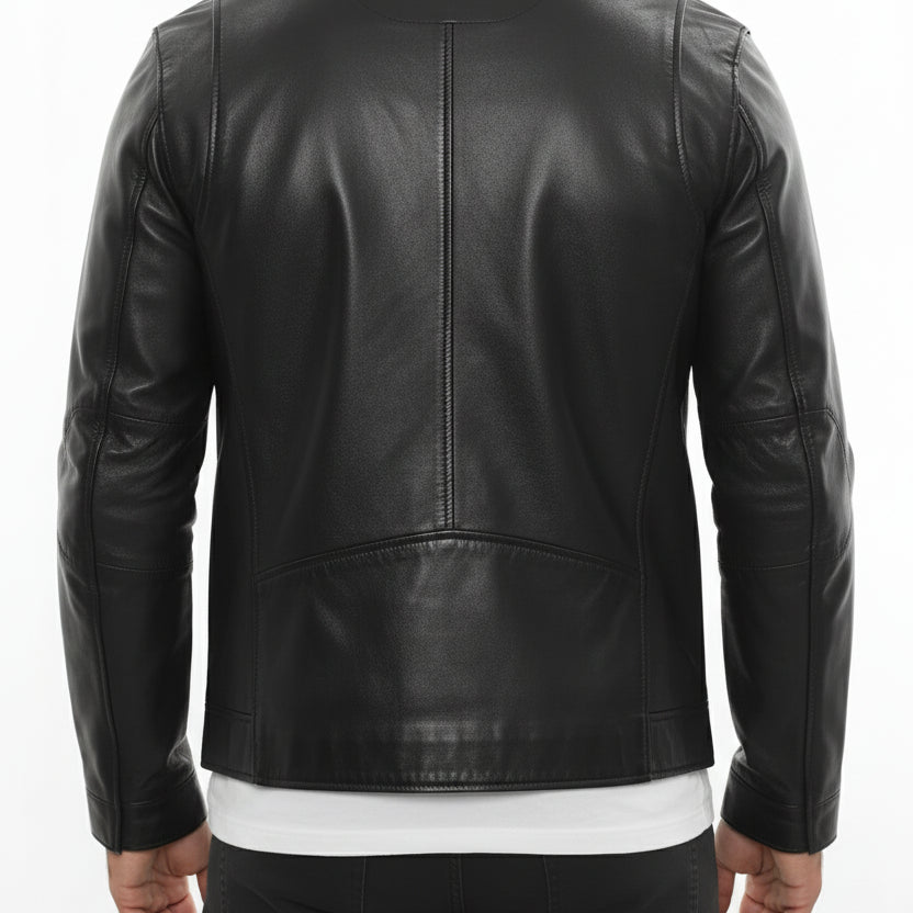 model-back-details - Men's Cafe Racer Leather Jacket, Smooth Leather Biker Jacket, Men's Motorcycle Jacket, Leather Moto Jacket