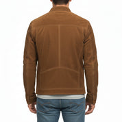 model-back-details - Men's Cafe Racer Suede Jacket, Suede Biker Jacket, Men's Motorcycle Jacket, Brown Suede Moto Jacket