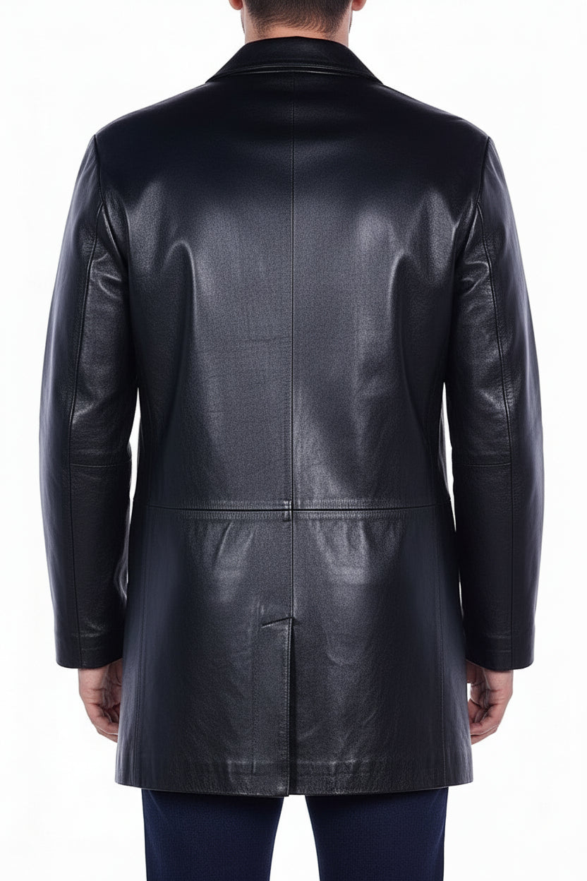 model-back-details - Men's Car Coat Jacket, Leather Overcoat, Tailored Leather Jacket, Smooth Leather Coat
