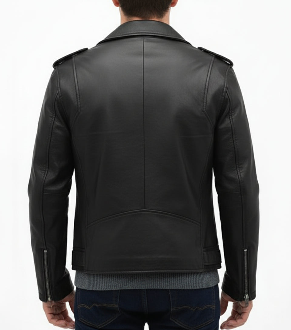 model-back-details - Men's Customizable Black Biker Leather Jacket
