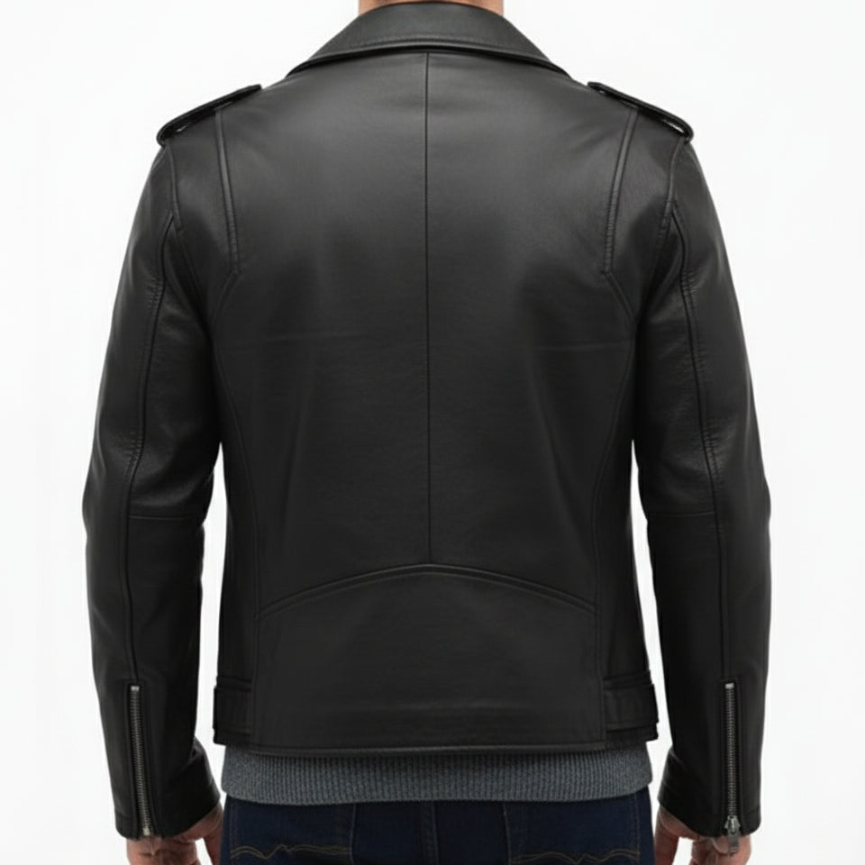 model-back-details - Men's Customizable Black Biker Leather Jacket