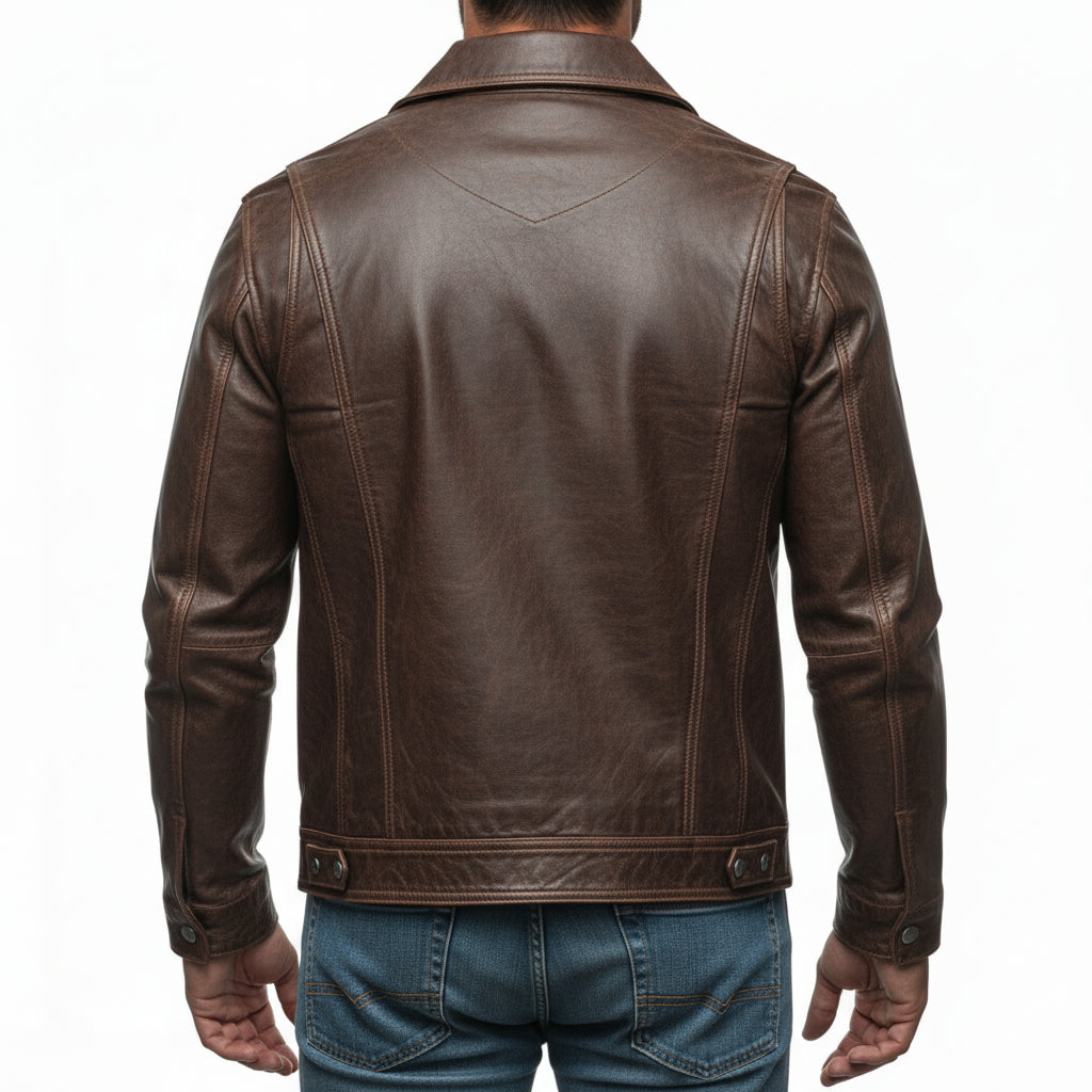 Men's Handmade Leather Trucker Jacket, Center Front Zip Jacket