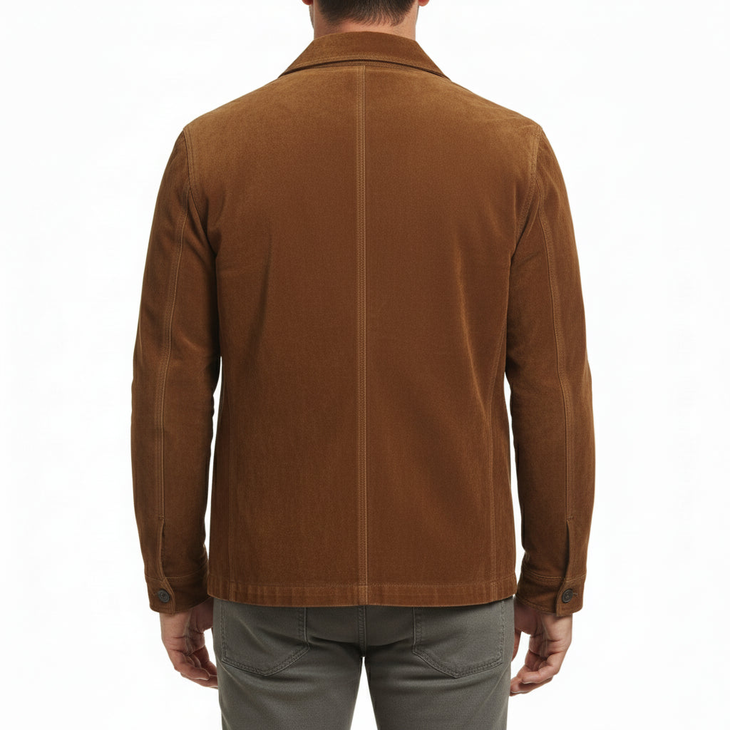 model-back-details - Men's Field Jacket, Men's Safari Jacket, Suede Leather Jacket, Cognac Brown Jacket