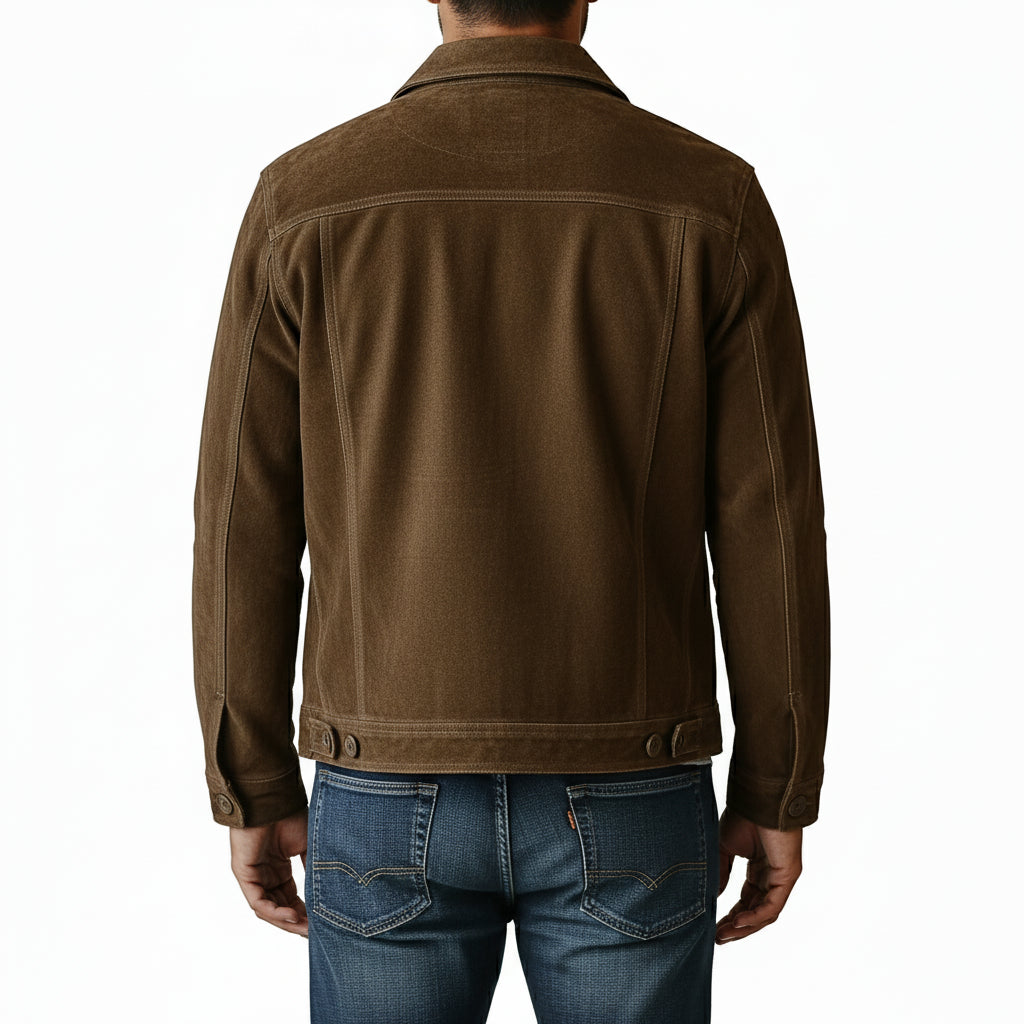 model-back-details - Men's Field Jacket, Suede Trucker Jacket, Brown Suede Jacket, Suede Outdoor Jacket