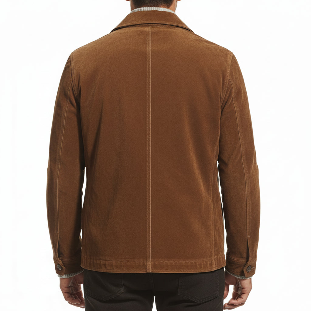model-back-details - Men's Field Suede Jacket, Suede Field Jacket, Men's Casual Suede Jacket, Brown Suede Jacket