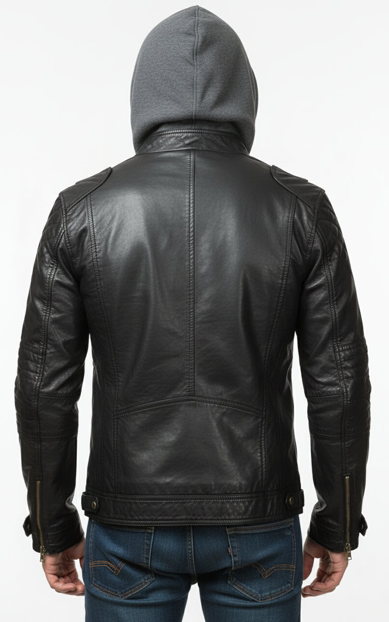model-back-details - Men's Hooded Biker Leather Jacket with Detachable Fabric Hood