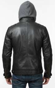 model-back-details - Men's Hooded Biker Leather Jacket with Detachable Fabric Hood