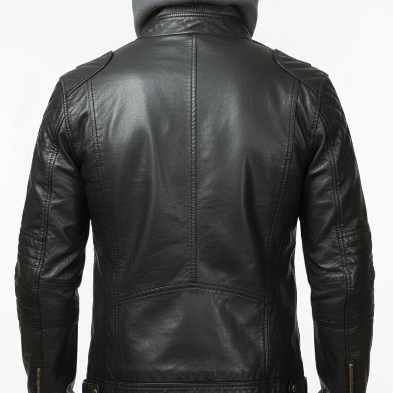 model-back-details - Men's Hooded Biker Leather Jacket with Detachable Fabric Hood