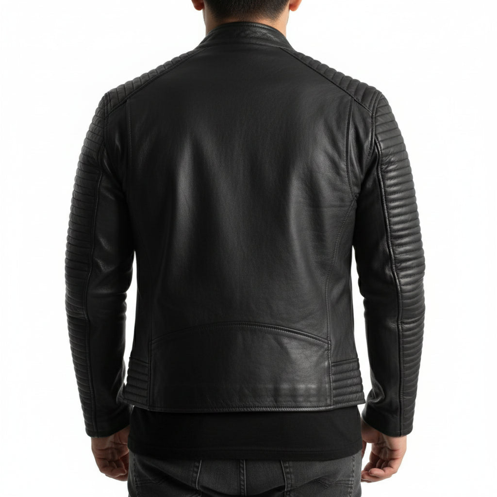 model-back-details - Mens Leather Jacket Black Quilted Genuine Lambskin Biker Motorcycle