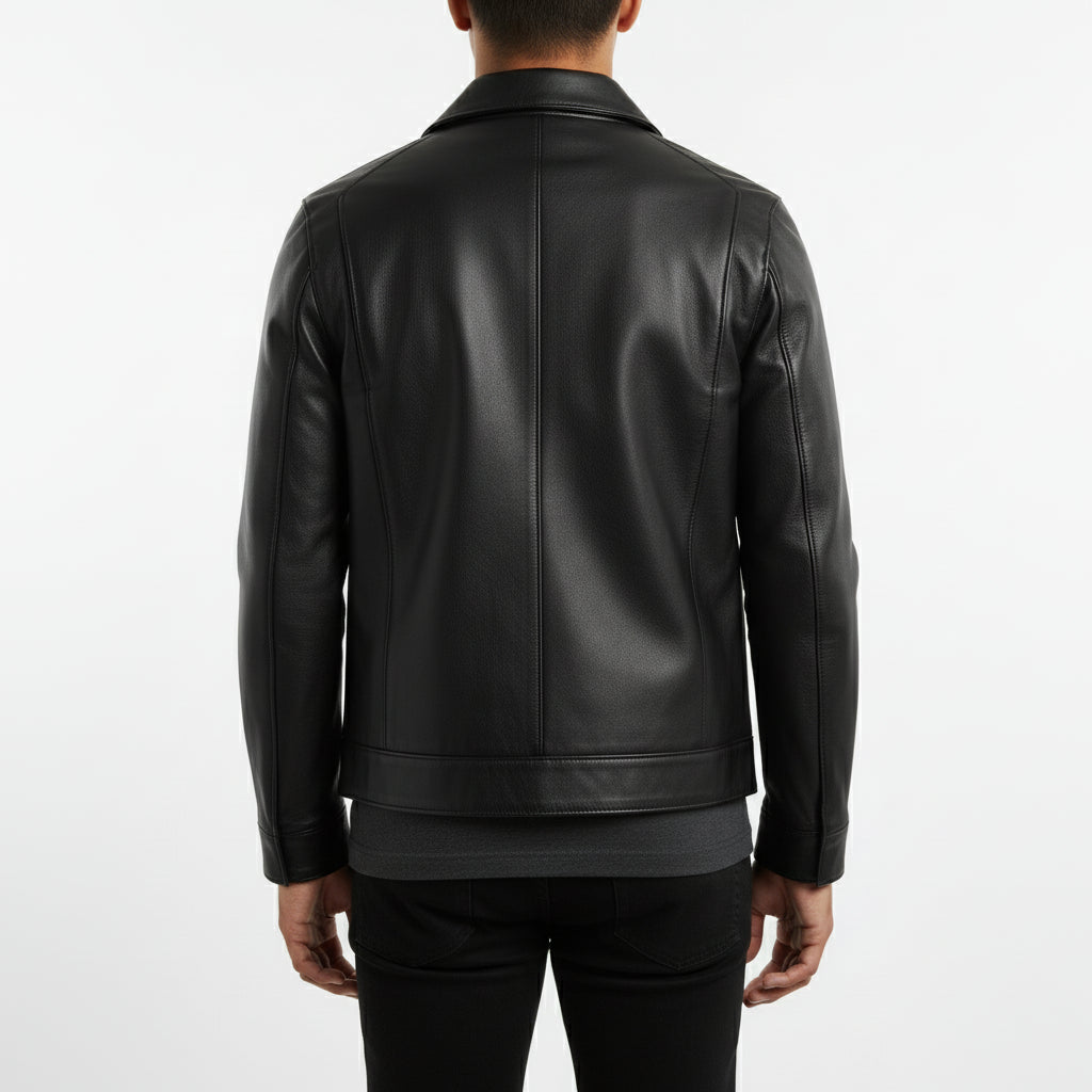 model-back-details - Men's Leather Jacket, Classic Leather Jacket, Minimalist Leather Jacket, Black Leather Jacket