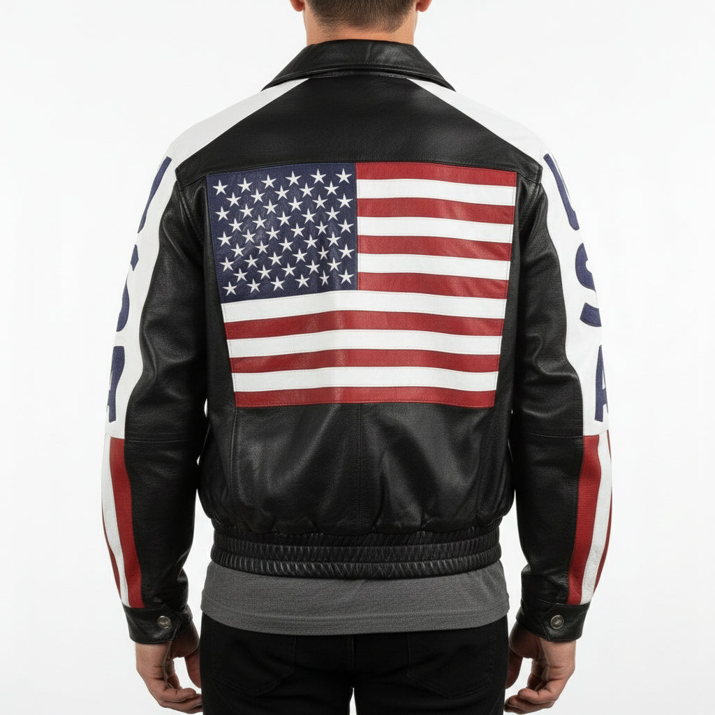 model-back-details - Men's Leather USA Flag Jacket with YKK Zips