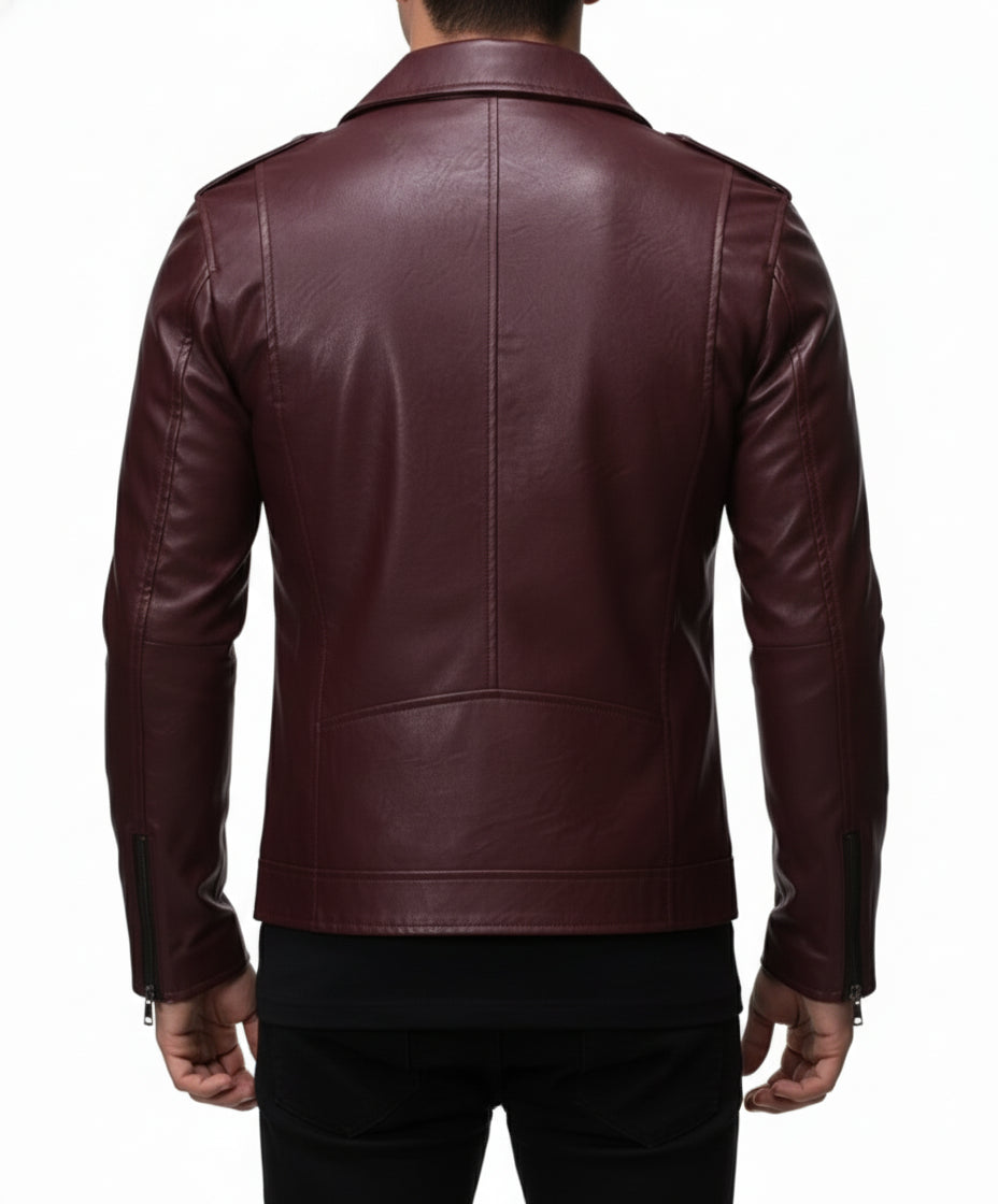 model-back-details - Mens Maroon biker leather jacket Jacket, maroon leather jacket for men