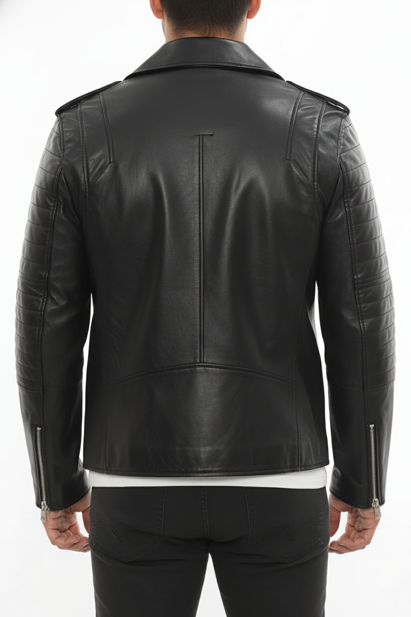 model-back-details - Men's Moto Leather Jacket, Biker Jacket, Motorcycle Jacket, Leather Moto Jacket