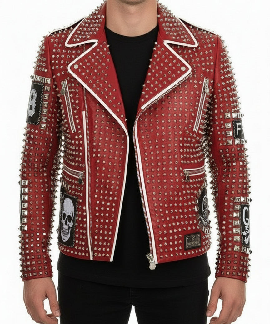 model-back-details - Men's Multicolor Diamond Studded Brando Retro Motorcycle Rock Punk jacket
