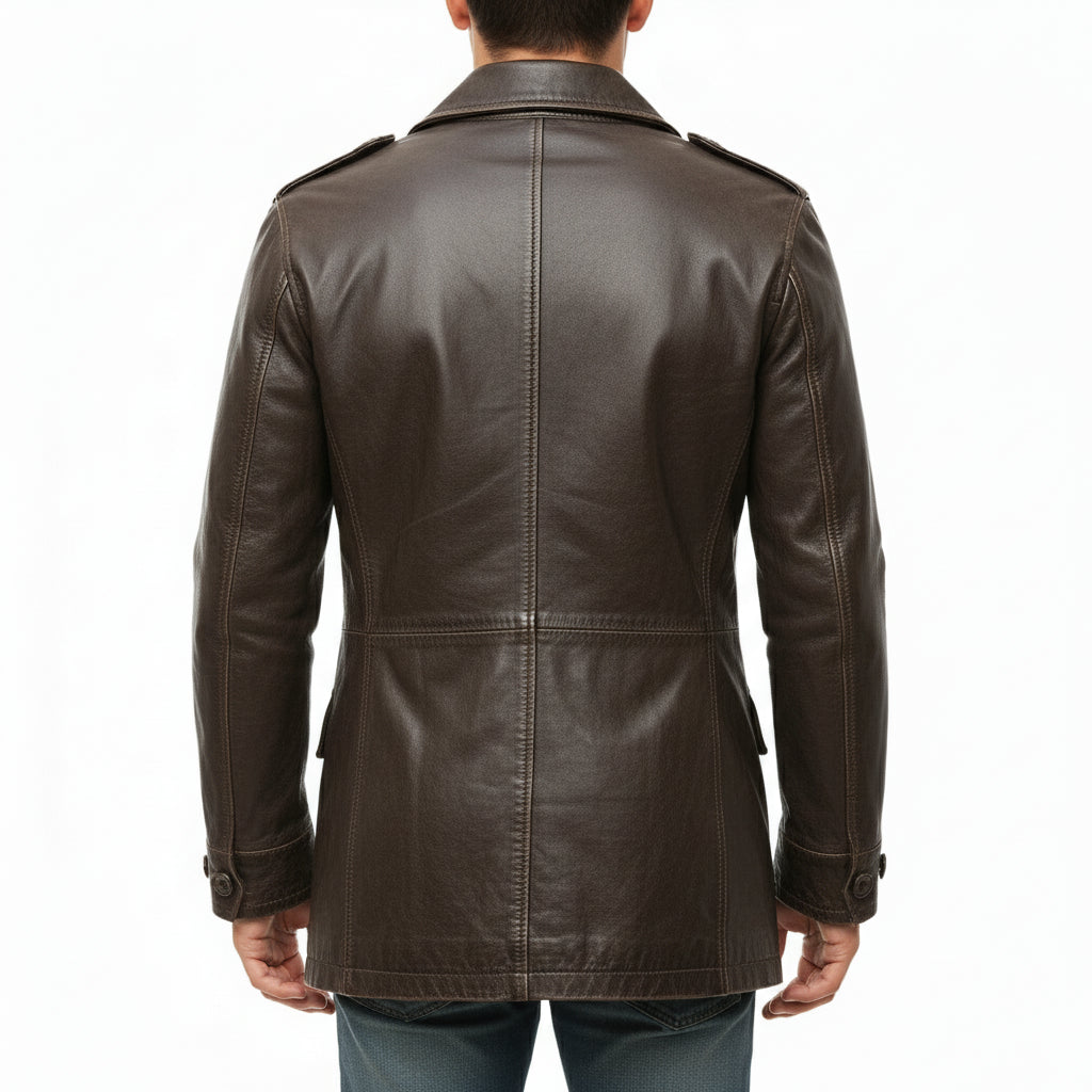 model-back-details - Men's Pea Coat Leather Jacket, Leather Pea Coat, Leather Outerwear, Men's Leather Jacket