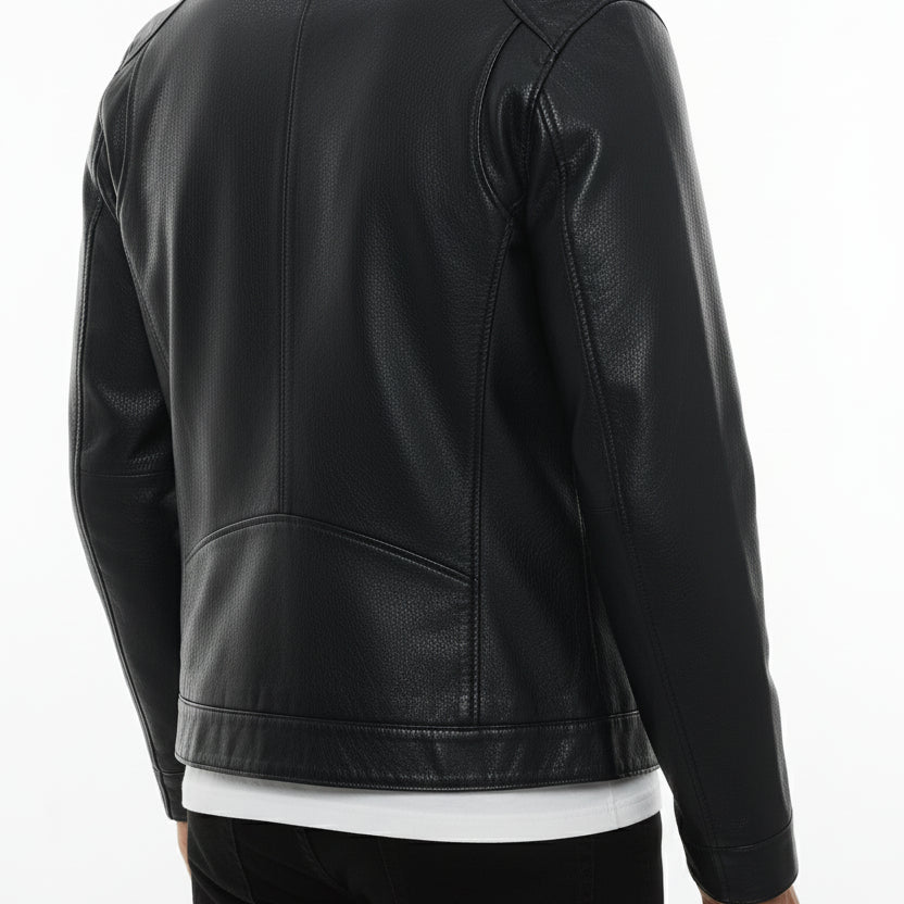 model-back-details - Men's Racer Leather Jacket, Black Leather Jacket, Cafe Racer Jacket, Slim Fit Biker Jacket
