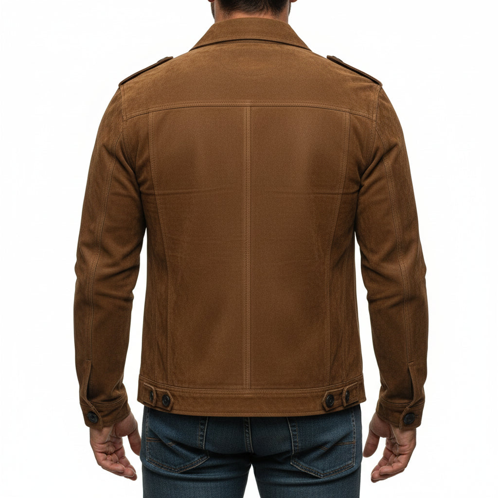 model-back-details - Men's Safari Jacket, Suede Leather Jacket, Men's Field Jacket, Cognac Brown Suede Jacket