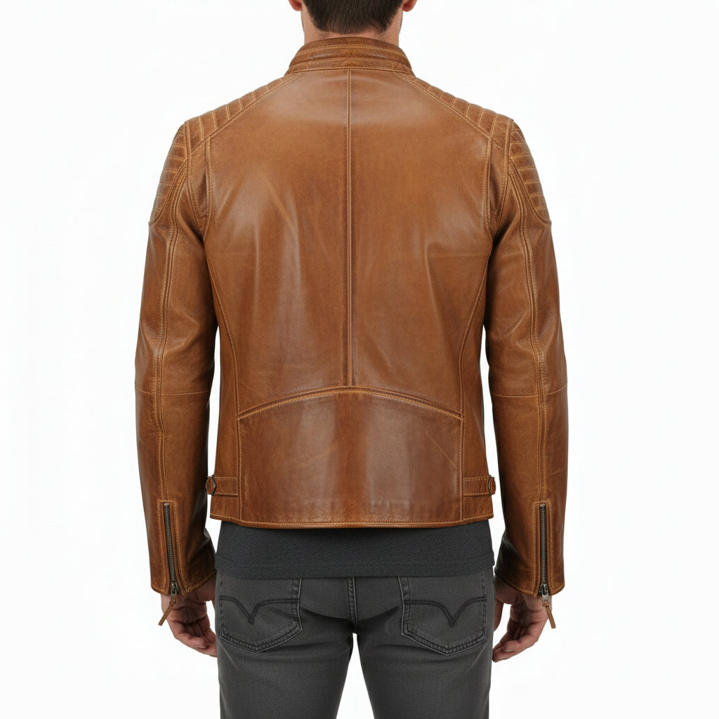 model-back-details - Men's Slim Fit Antique Washed Brown Leather Biker Jacket, Men's Retro Zip Leather Jacket in Brown