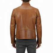 model-back-details - Men's Slim Fit Antique Washed Brown Leather Biker Jacket, Men's Retro Zip Leather Jacket in Brown