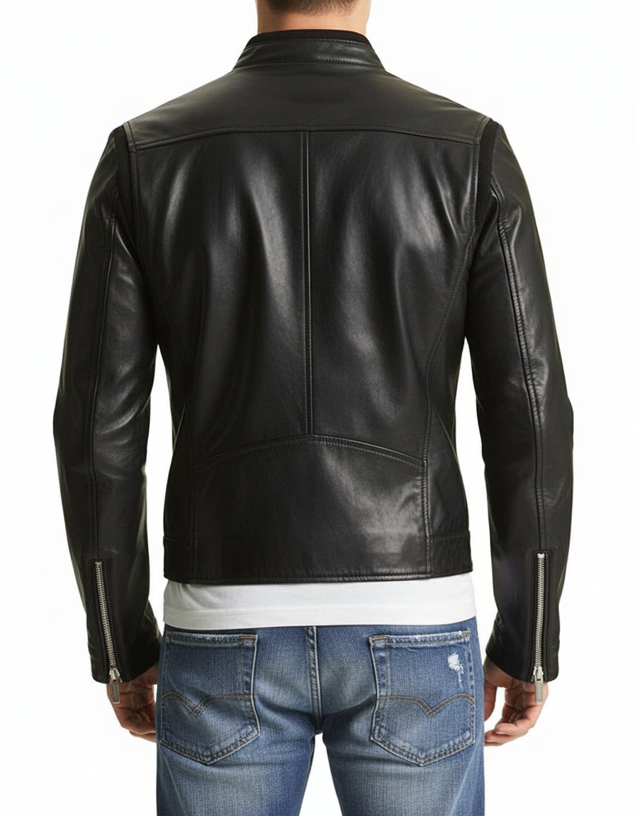 model-back-details - Men's Slim Fit Biker Leather Jacket, Stylish Cowhide Leather Jacket for Men