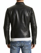 model-back-details - Men's Slim Fit Biker Leather Jacket, Stylish Cowhide Leather Jacket for Men
