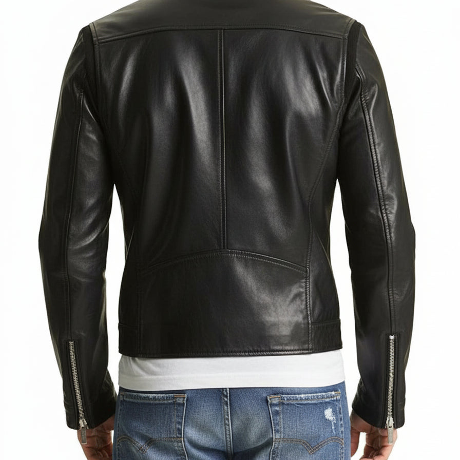 model-back-details - Men's Slim Fit Biker Leather Jacket, Stylish Cowhide Leather Jacket for Men