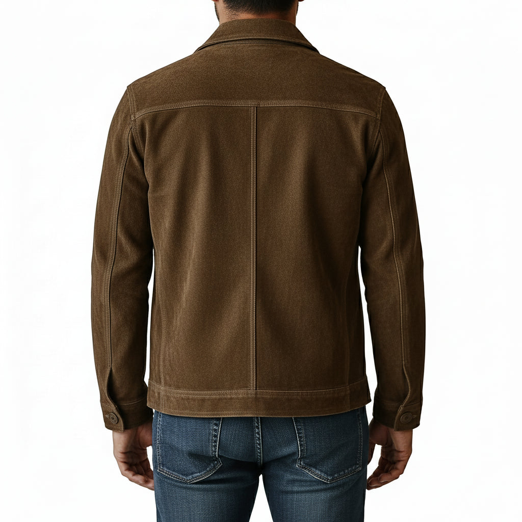 model-back-details - Men's Suede Jacket, Brown Suede Shirt Jacket, Suede Workwear Jacket, Button-Front Suede Jacket