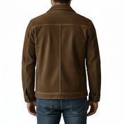 model-back-details - Men's Suede Jacket, Brown Suede Shirt Jacket, Suede Workwear Jacket, Button-Front Suede Jacket