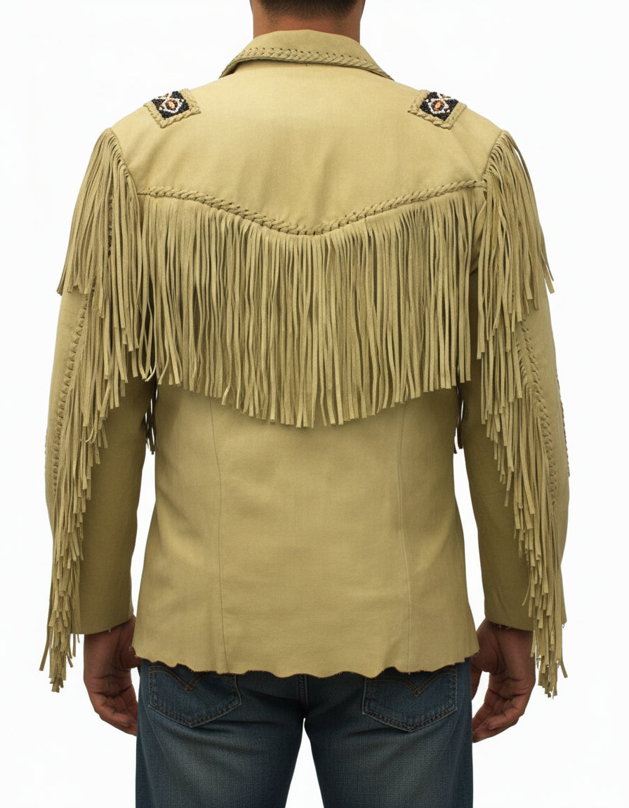 model-back-details - Mens Suede Leather Jacket Western Wear Cowboy Coat Fringe Bead & Bones Work