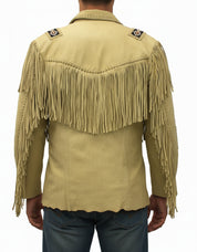 model-back-details - Mens Suede Leather Jacket Western Wear Cowboy Coat Fringe Bead & Bones Work