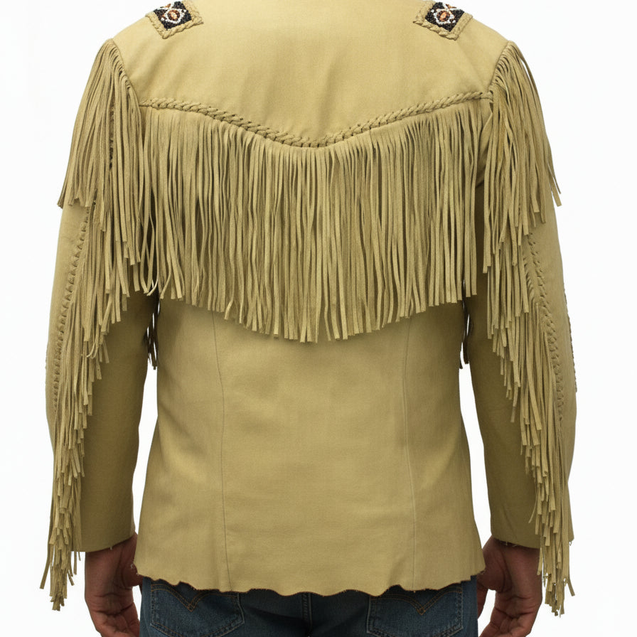 model-back-details - Mens Suede Leather Jacket Western Wear Cowboy Coat Fringe Bead & Bones Work
