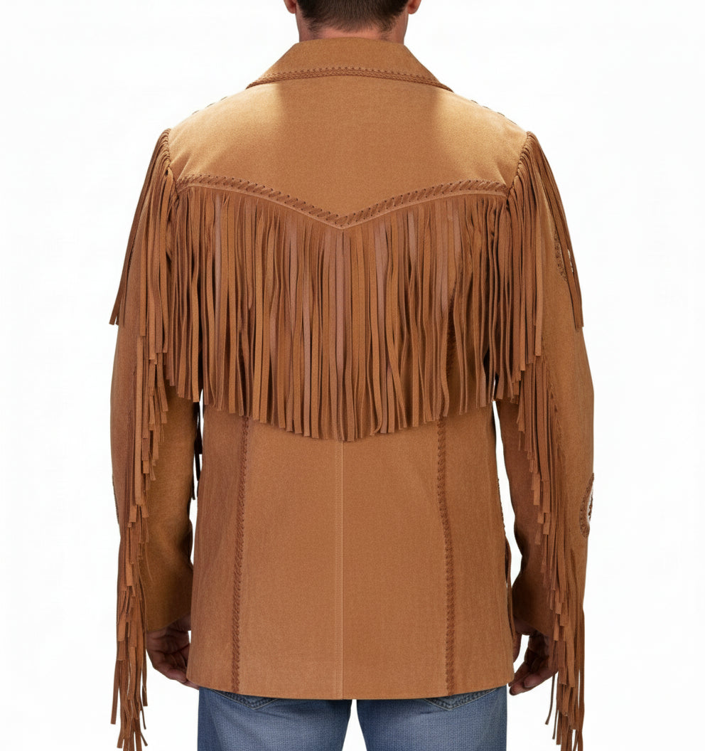 model-back-details - Men's Tan Brown Fringed Suede Leather Cowboy Jacket
