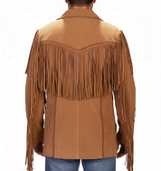 model-back-details - Men's Tan Brown Fringed Suede Leather Cowboy Jacket